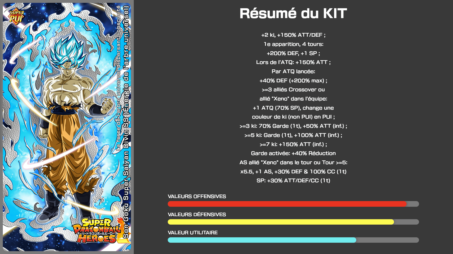 Fiche n°1 Son Goku Super Saiyan Divin SS (Énergie de l'arbre universel) : La force de l'arbre universel dispersant l'obscurité