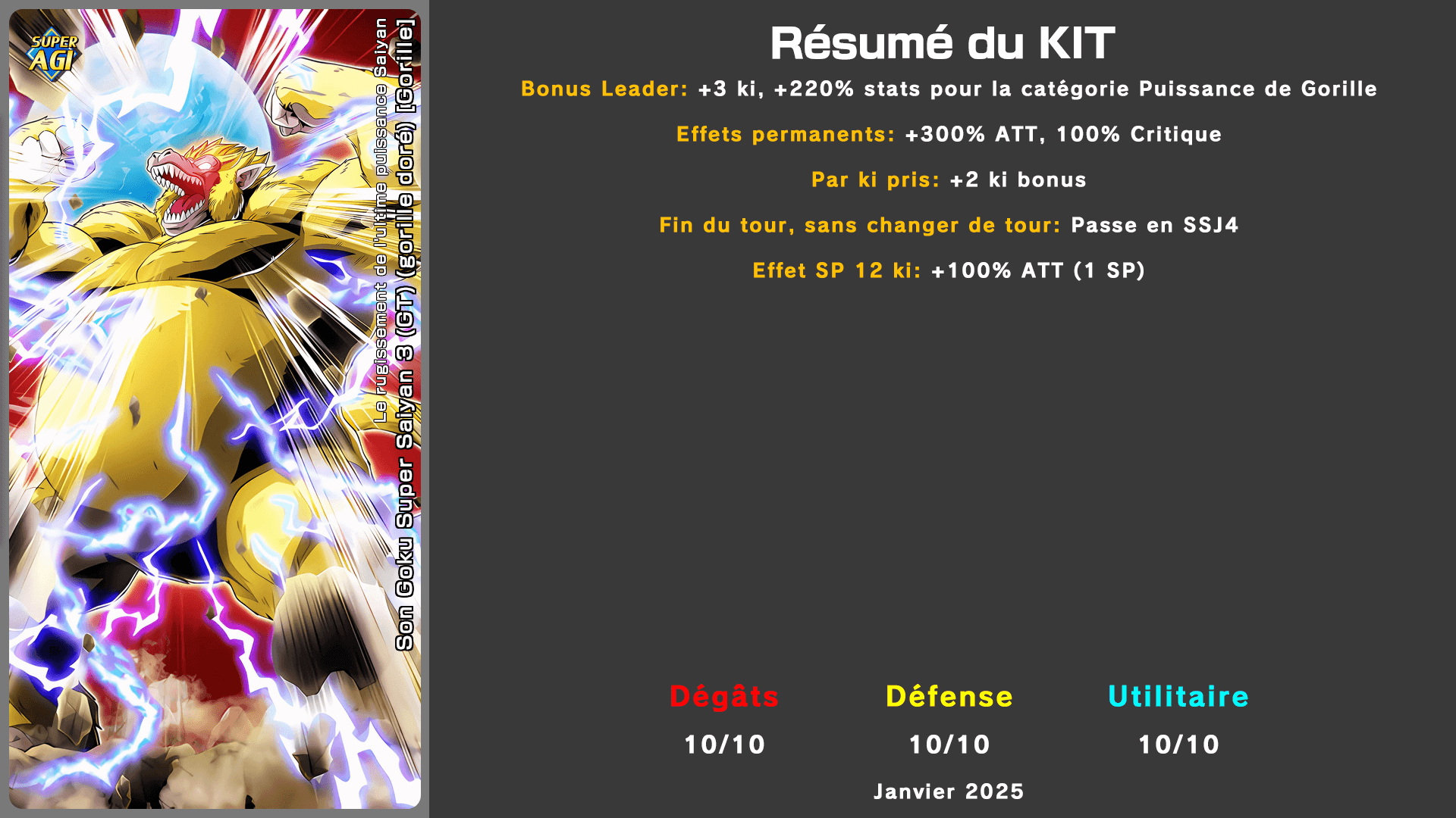 Fiche n°1 Son Goku Super Saiyan 3 (GT) (gorille doré) [Gorille] : Le rugissement de l'ultime puissance Saiyan