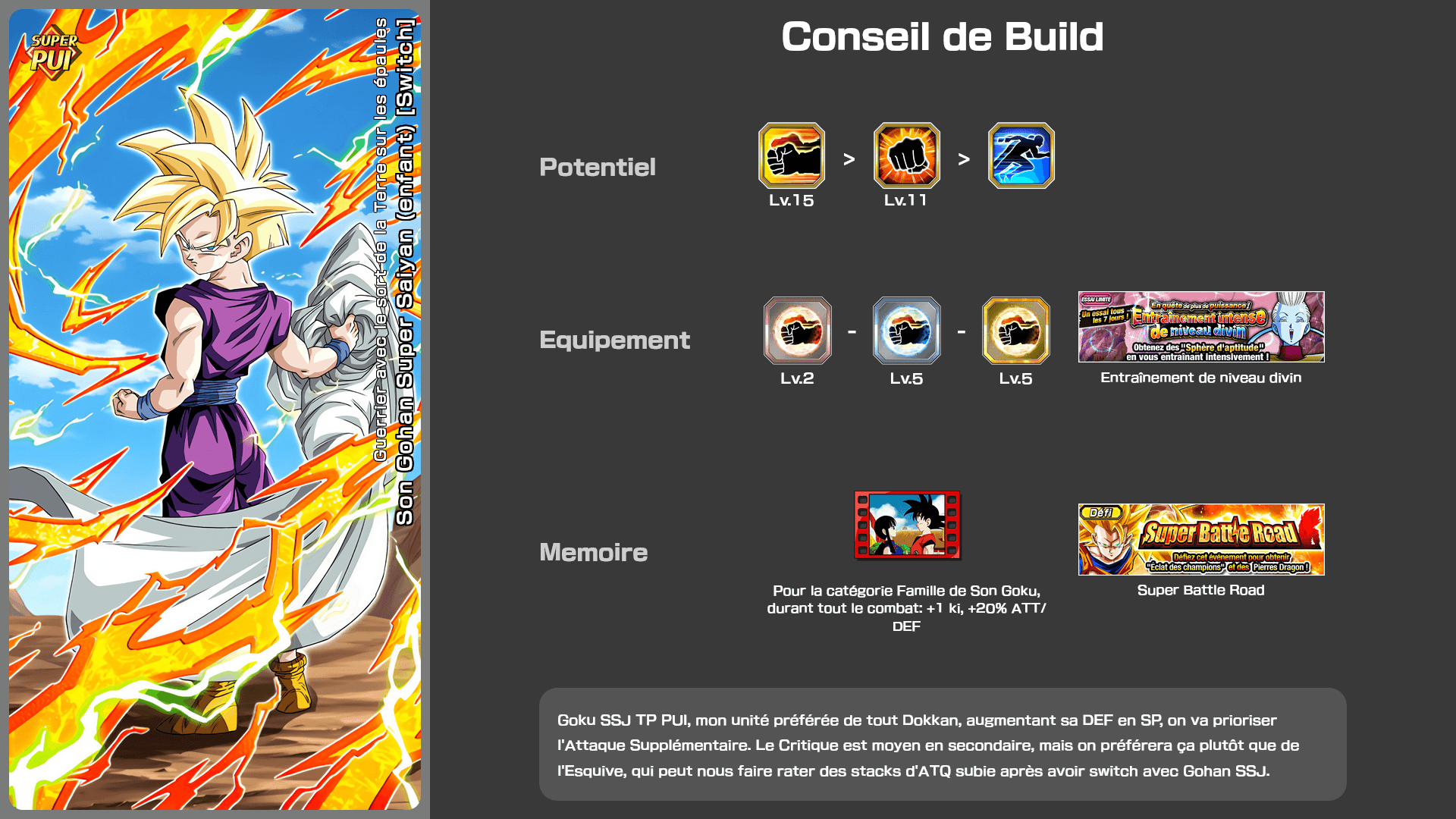 Fiche n°2Son Gohan Super Saiyan (enfant) [Switch LR] : Guerrier avec le sort de la Terre sur les épaules